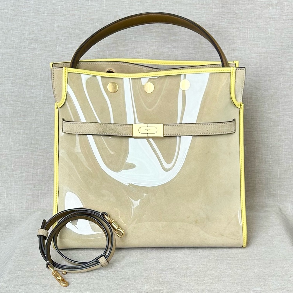 Tory Burch Large Lee Radziwill Beige and Yellow Patent Raincoat Satchel - Picture 12 of 16